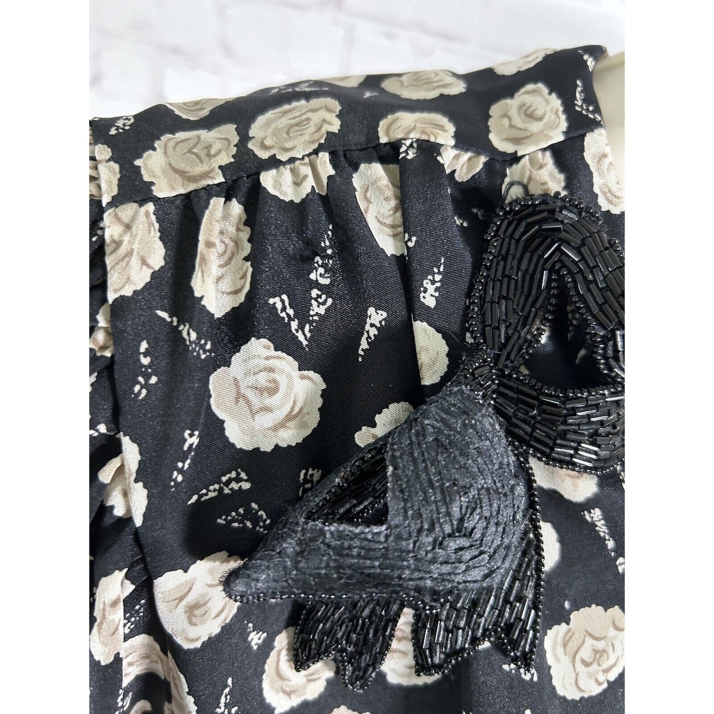 VTG Jo Hanna York Joan Davis Black Floral V Neck Shoulder Pad Faux Wrap Dress XL