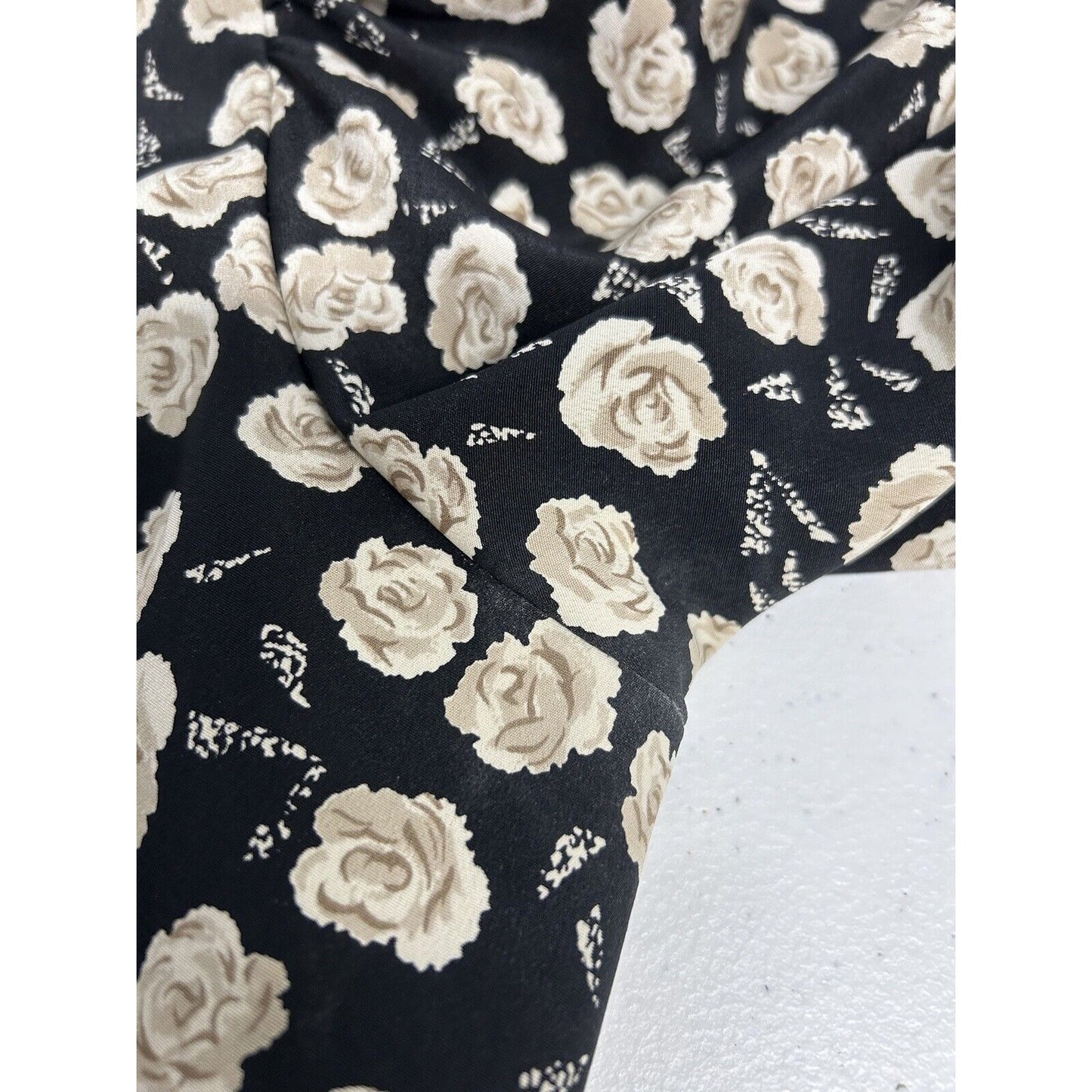 VTG Jo Hanna York Joan Davis Black Floral V Neck Shoulder Pad Faux Wrap Dress XL