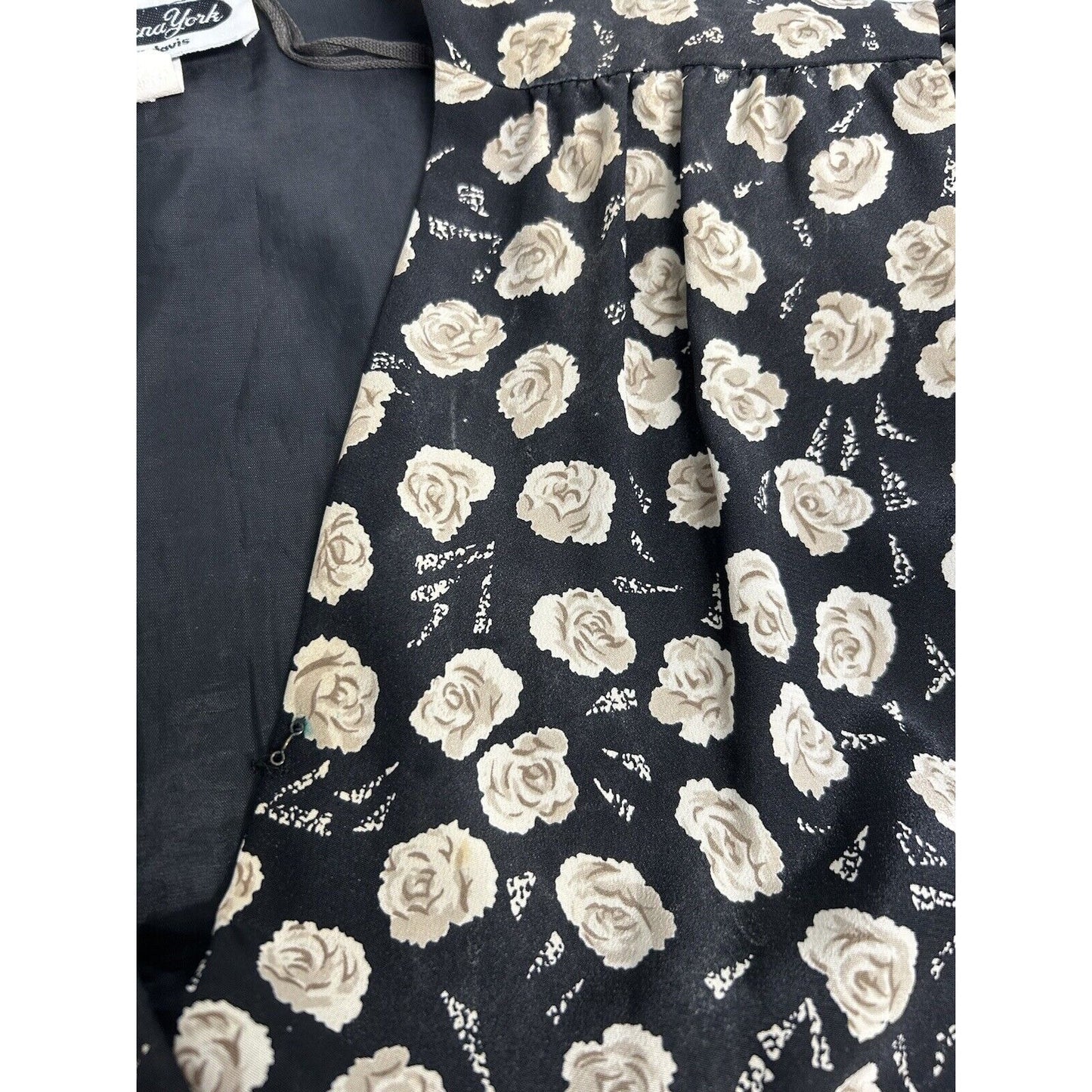 VTG Jo Hanna York Joan Davis Black Floral V Neck Shoulder Pad Faux Wrap Dress XL