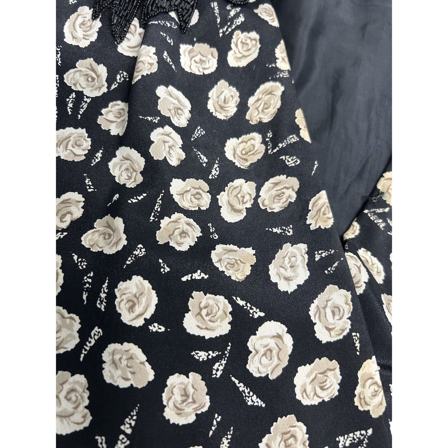 VTG Jo Hanna York Joan Davis Black Floral V Neck Shoulder Pad Faux Wrap Dress XL