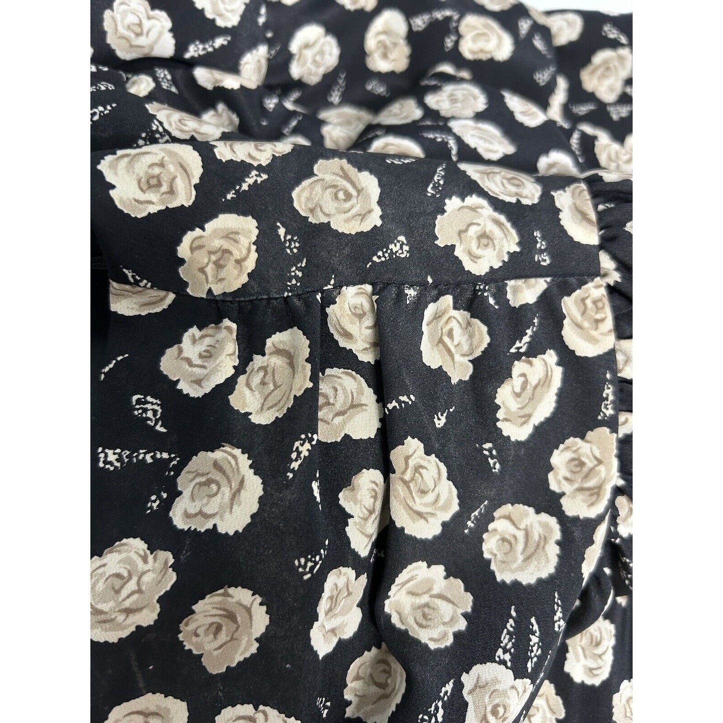 VTG Jo Hanna York Joan Davis Black Floral V Neck Shoulder Pad Faux Wrap Dress XL