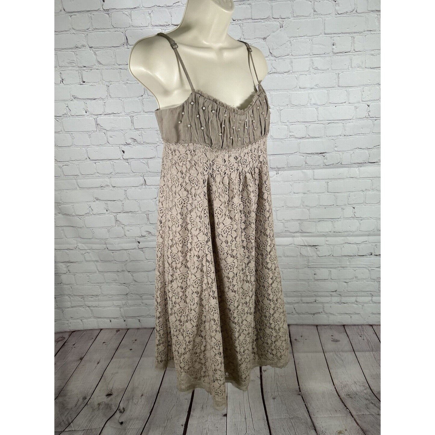 Intuitions Brown Floral Silk Blend Adjustable Spaghetti Strap Beaded Dress 4