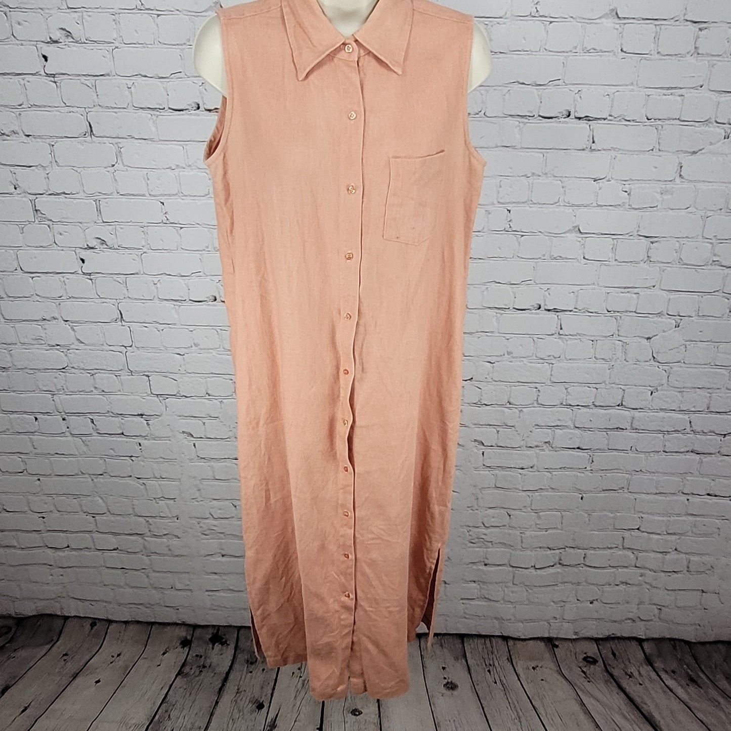 VTG Coldwater Creek Pink Orange 100% Linen Side Slits Shirt Dress USA Size 10P