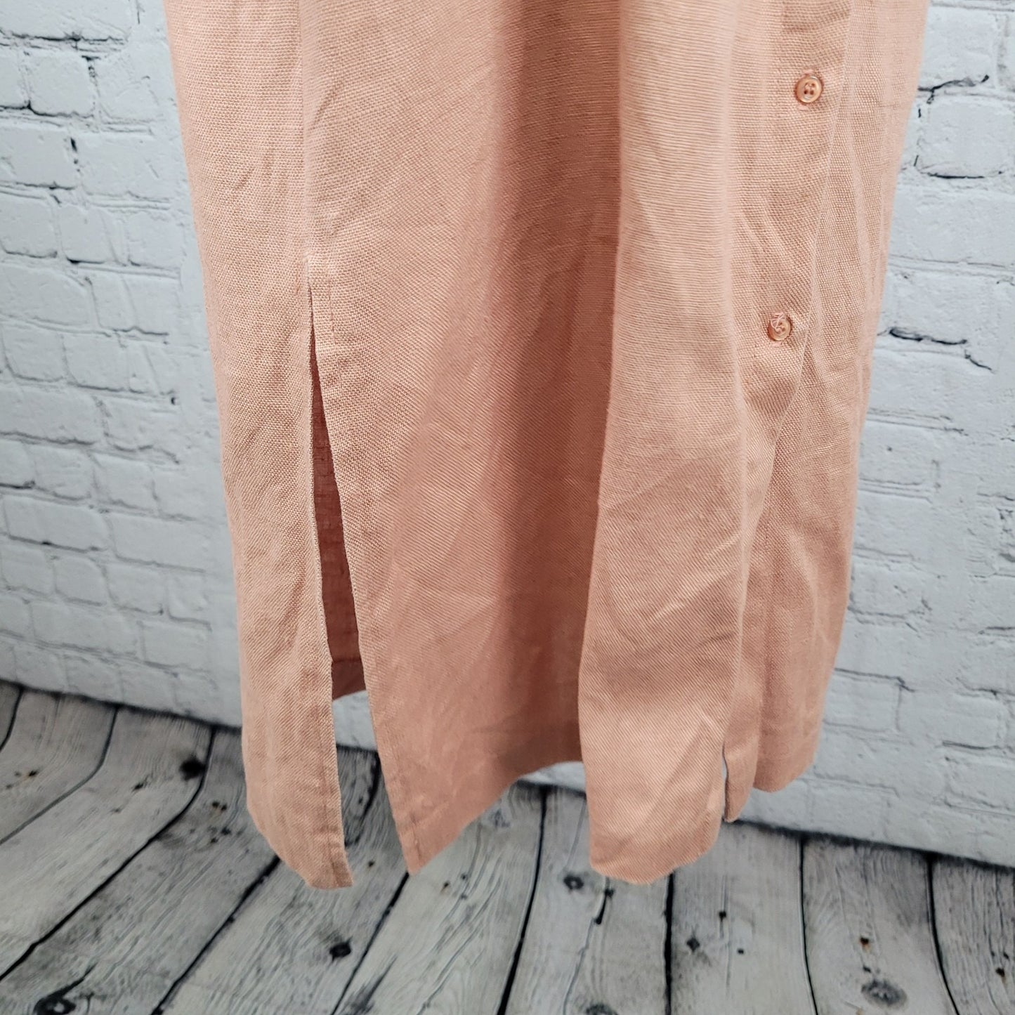 VTG Coldwater Creek Pink Orange 100% Linen Side Slits Shirt Dress USA Size 10P