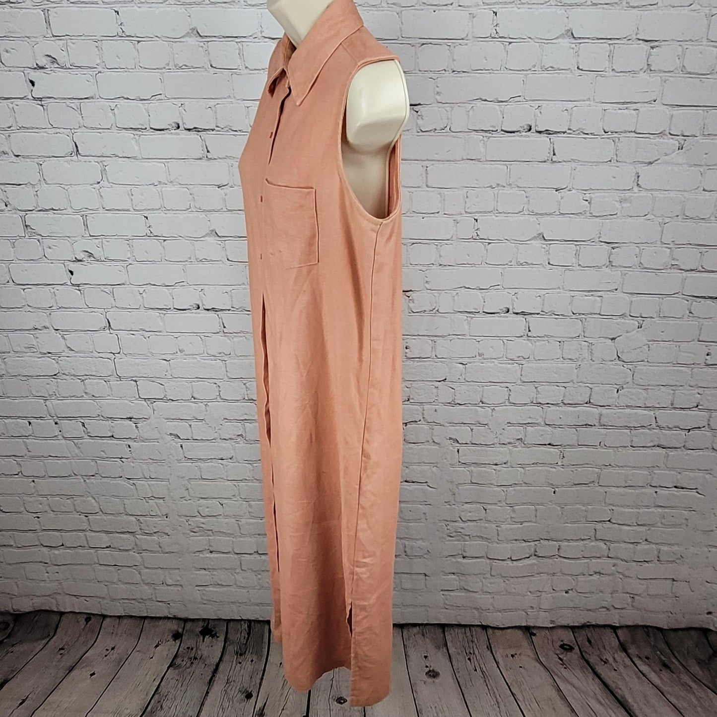 VTG Coldwater Creek Pink Orange 100% Linen Side Slits Shirt Dress USA Size 10P
