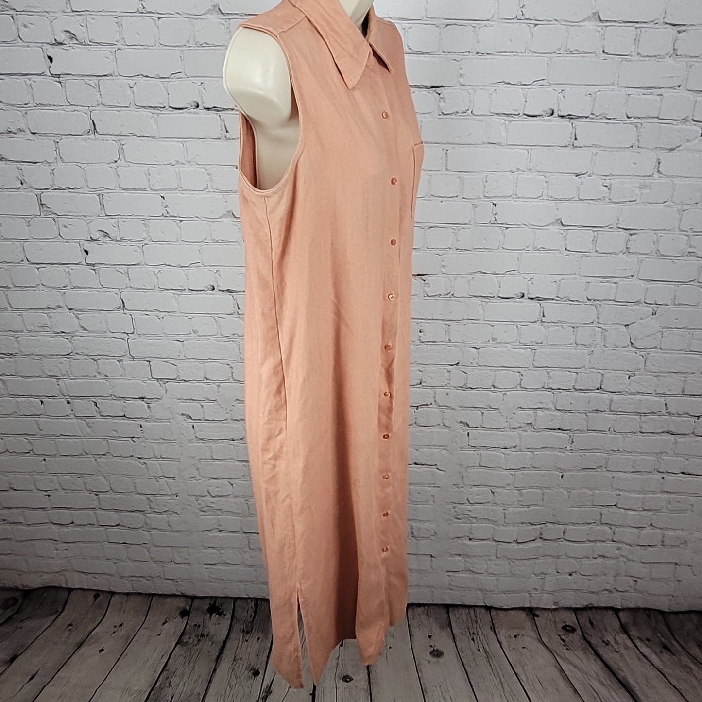 VTG Coldwater Creek Pink Orange 100% Linen Side Slits Shirt Dress USA Size 10P