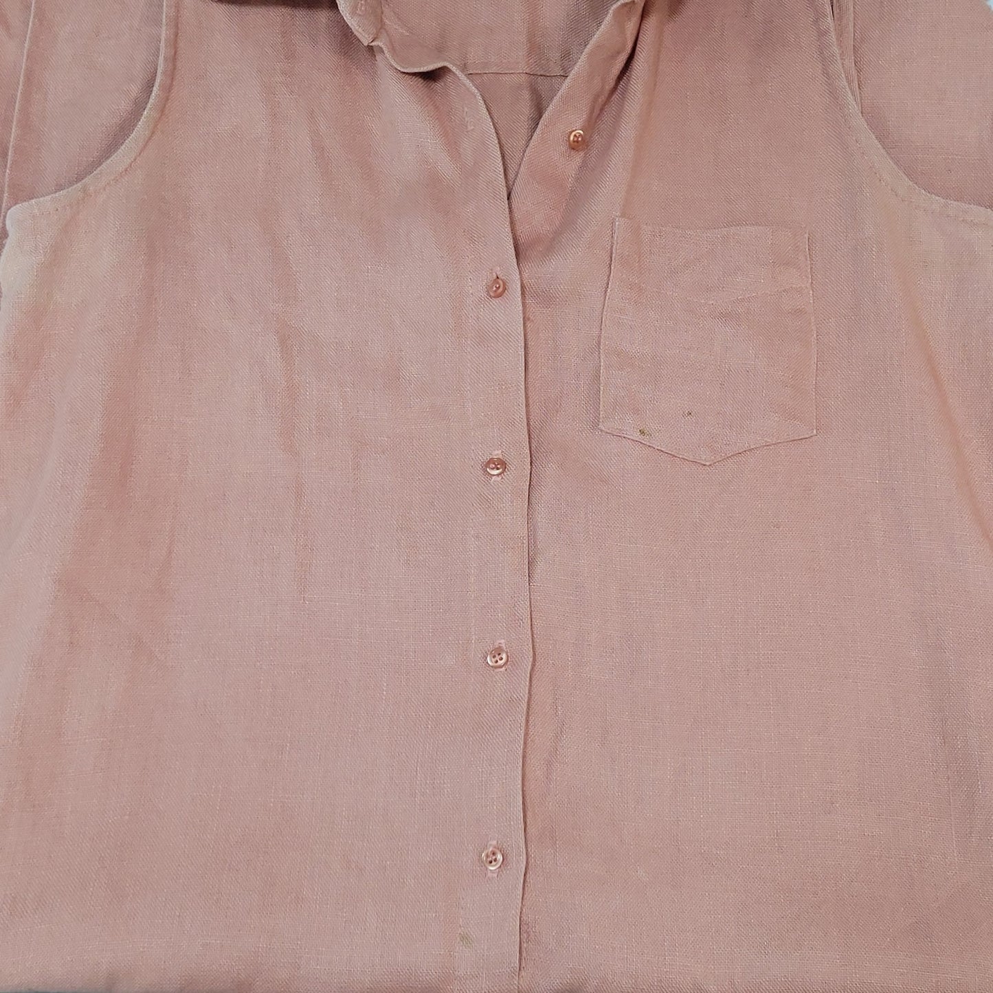 VTG Coldwater Creek Pink Orange 100% Linen Side Slits Shirt Dress USA Size 10P