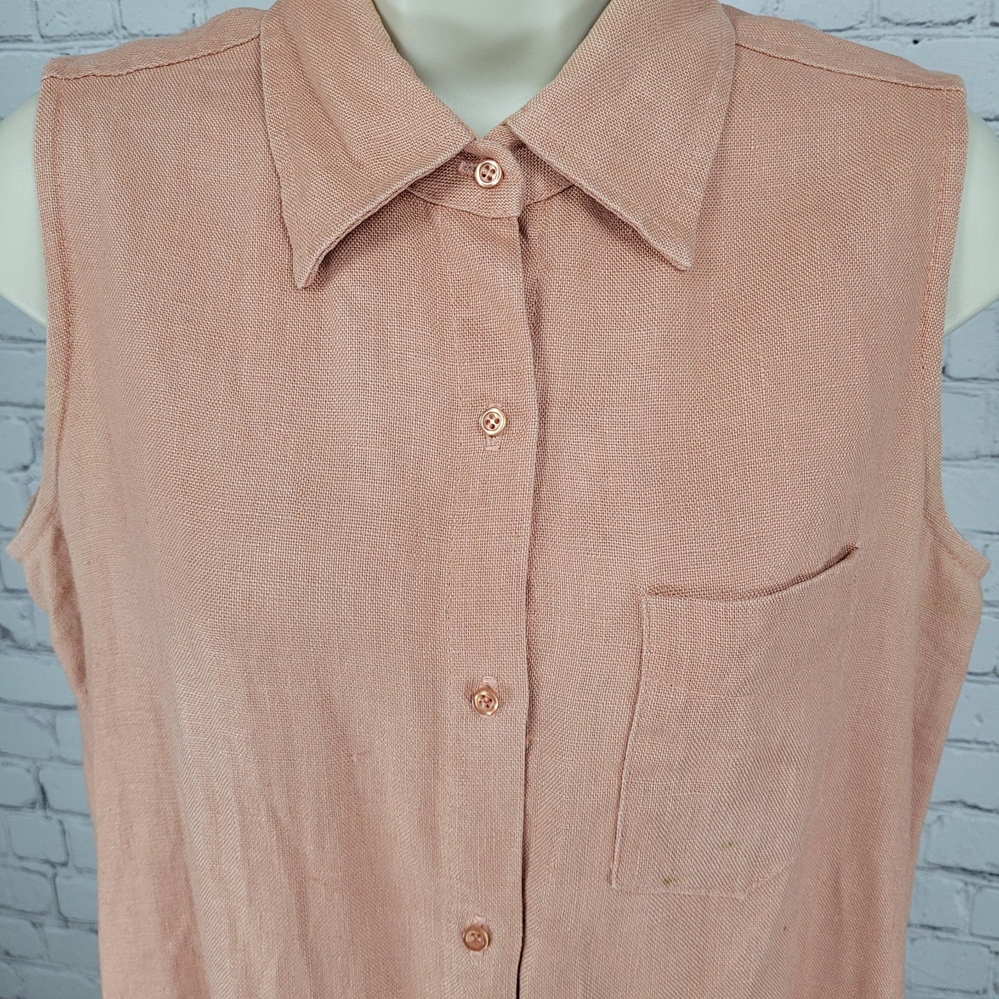 VTG Coldwater Creek Pink Orange 100% Linen Side Slits Shirt Dress USA Size 10P