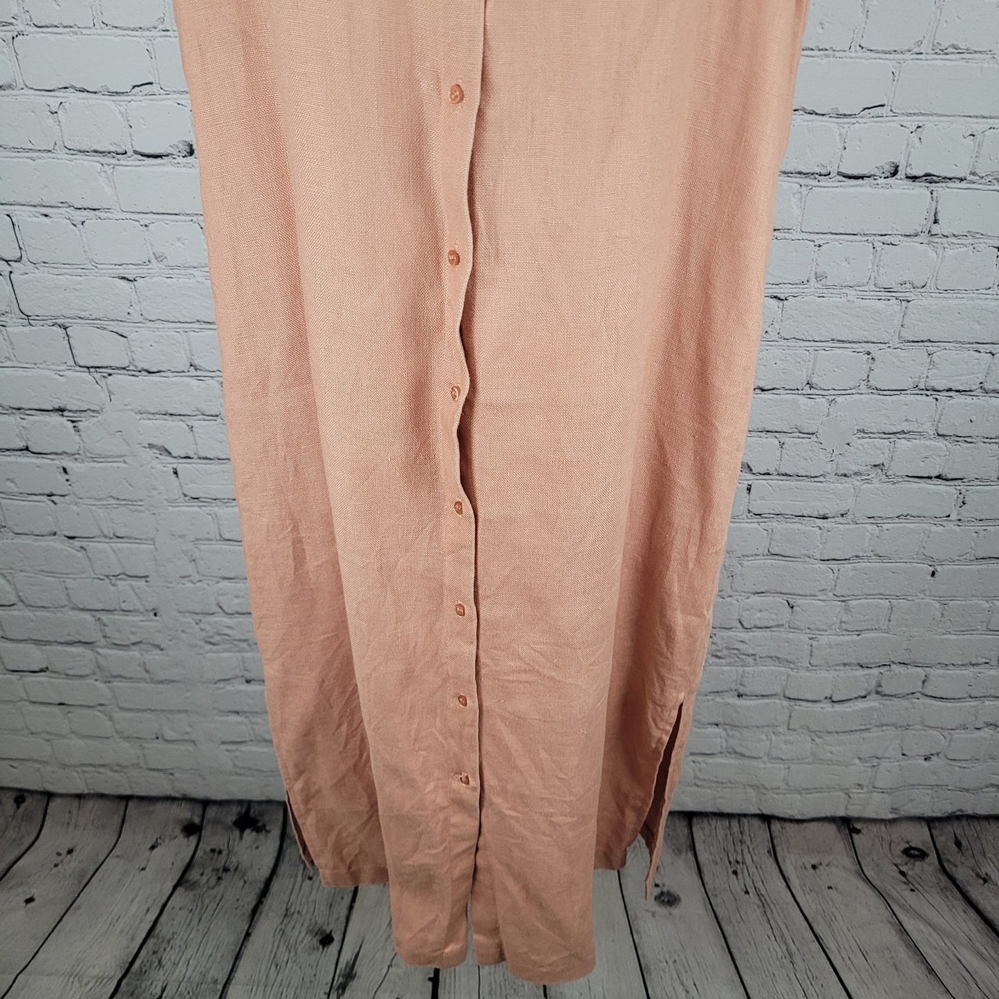VTG Coldwater Creek Pink Orange 100% Linen Side Slits Shirt Dress USA Size 10P