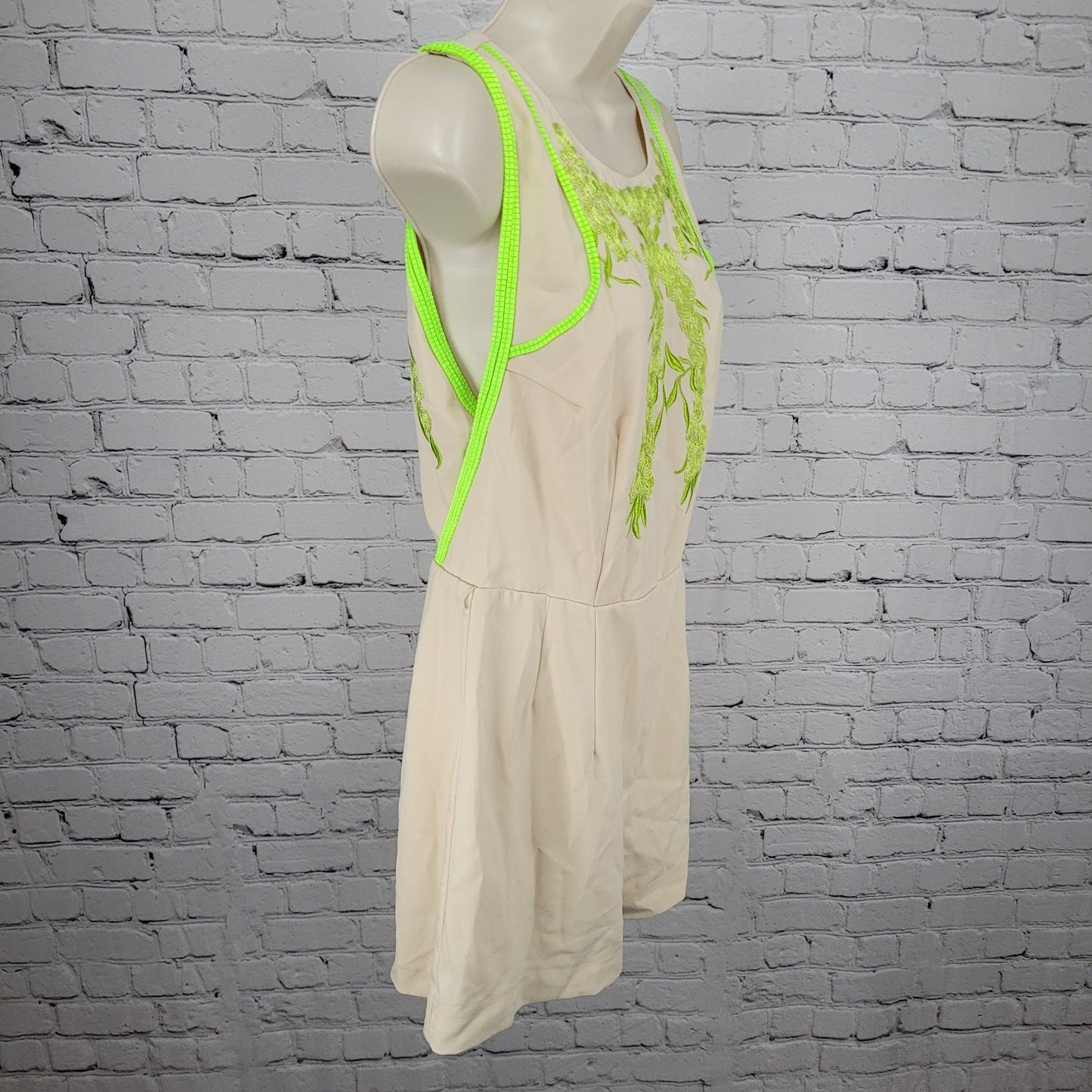 Rocco Lola Beige Green Embroidered Sleeveless Romper USA Made Size Large L