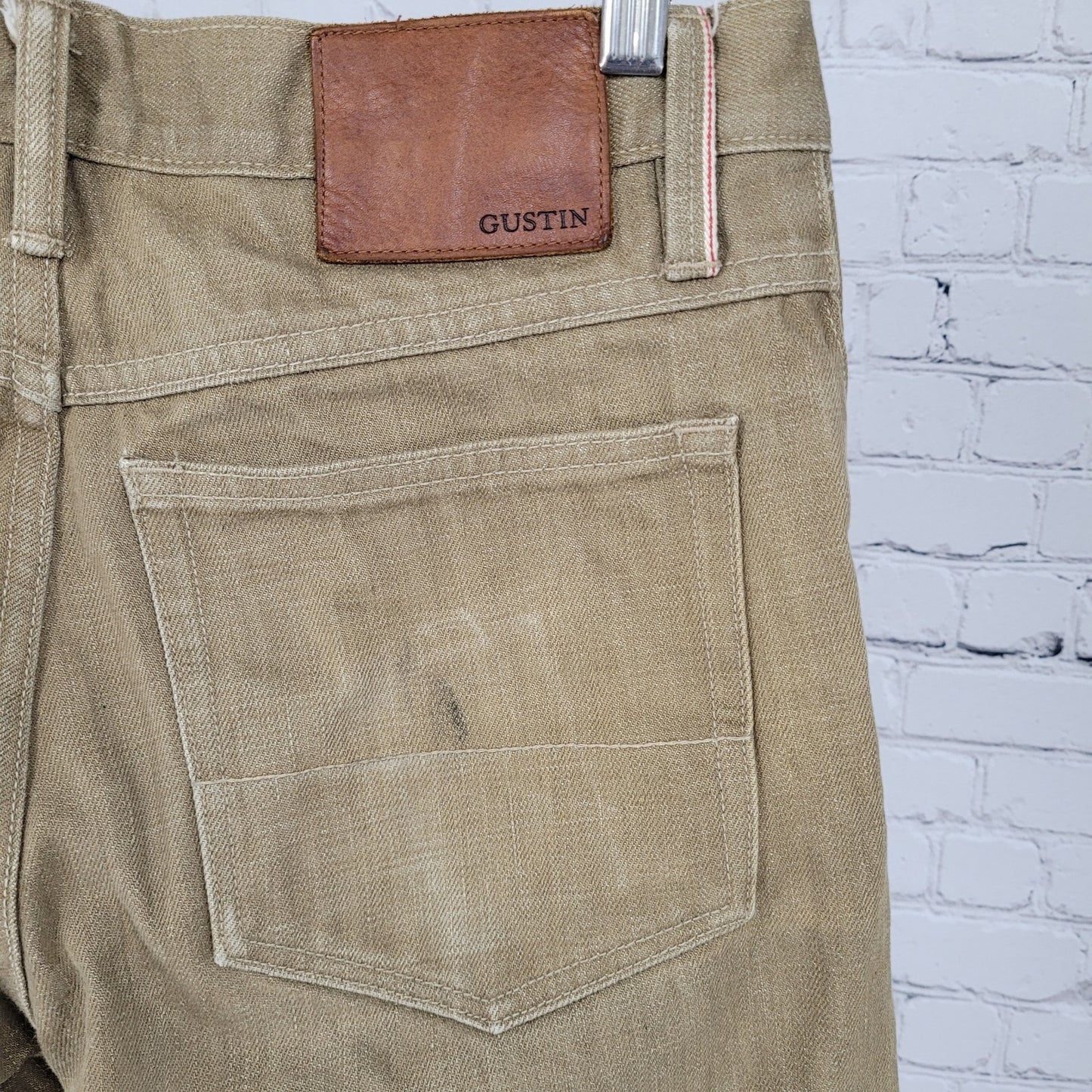 Gustin Tan Denim Slim Fit Raw Finish Button Fly Jeans USA Made Size 32 (30x33.5)
