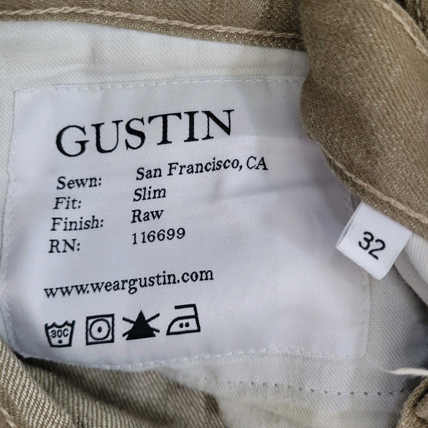 Gustin Tan Denim Slim Fit Raw Finish Button Fly Jeans USA Made Size 32 (30x33.5)