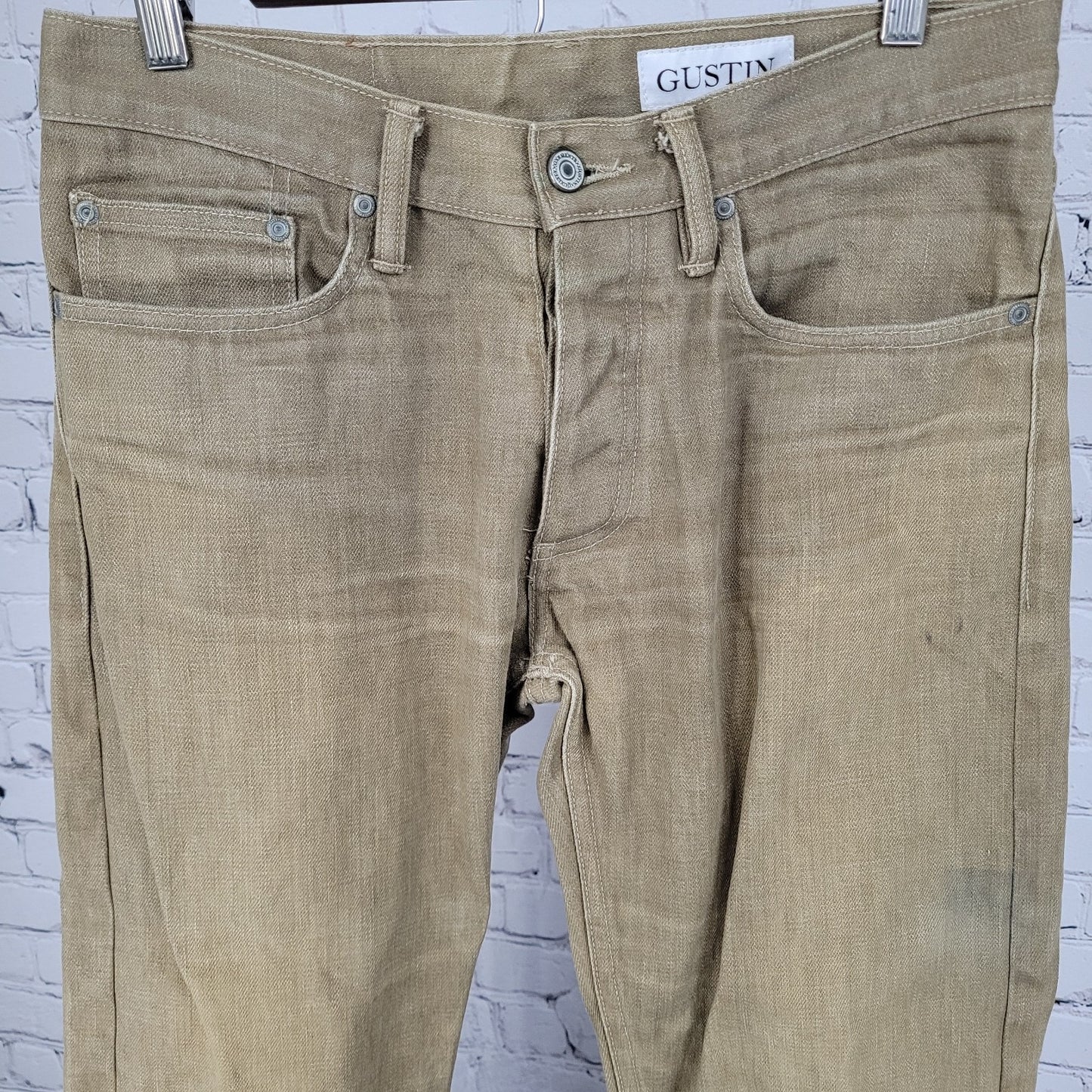 Gustin Tan Denim Slim Fit Raw Finish Button Fly Jeans USA Made Size 32 (30x33.5)