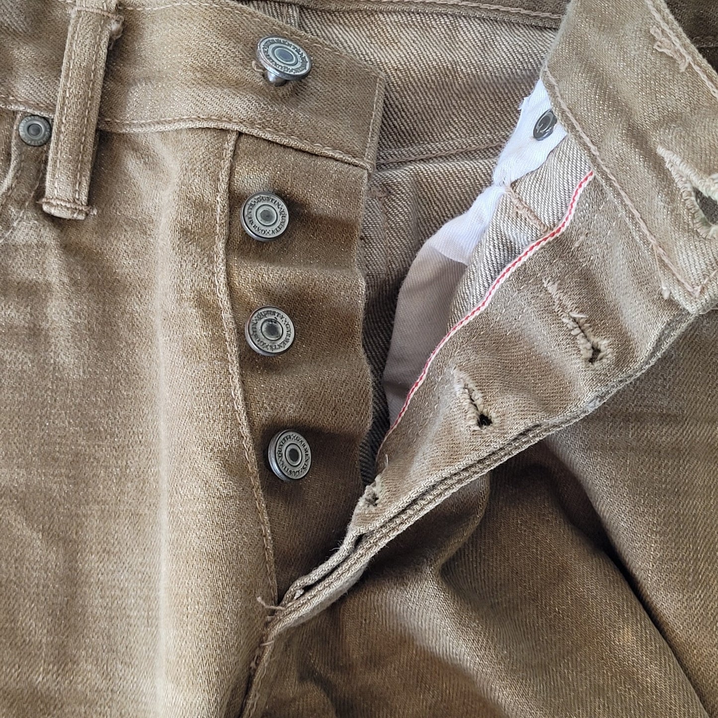 Gustin Tan Denim Slim Fit Raw Finish Button Fly Jeans USA Made Size 32 (30x33.5)