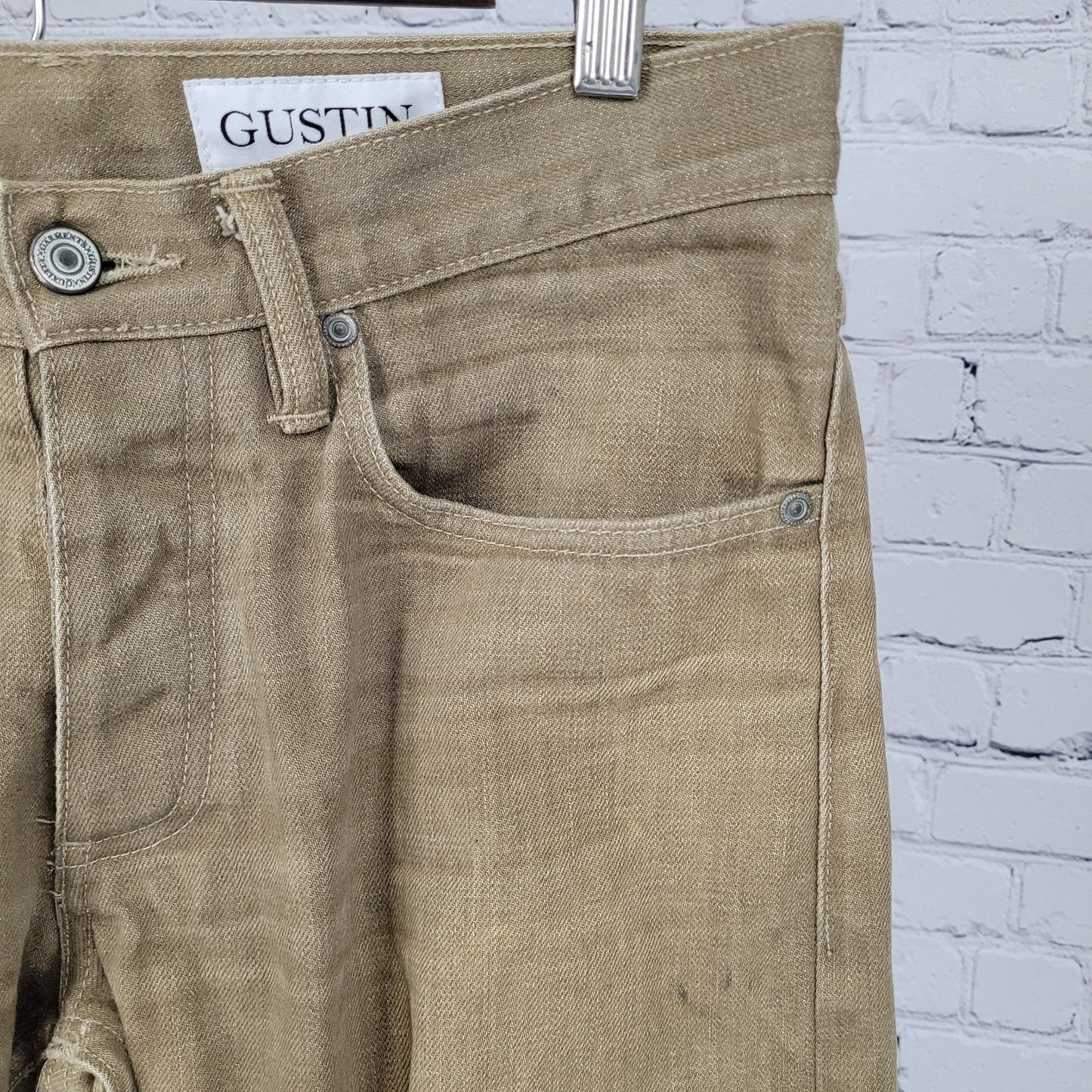 Gustin Tan Denim Slim Fit Raw Finish Button Fly Jeans USA Made Size 32 (30x33.5)