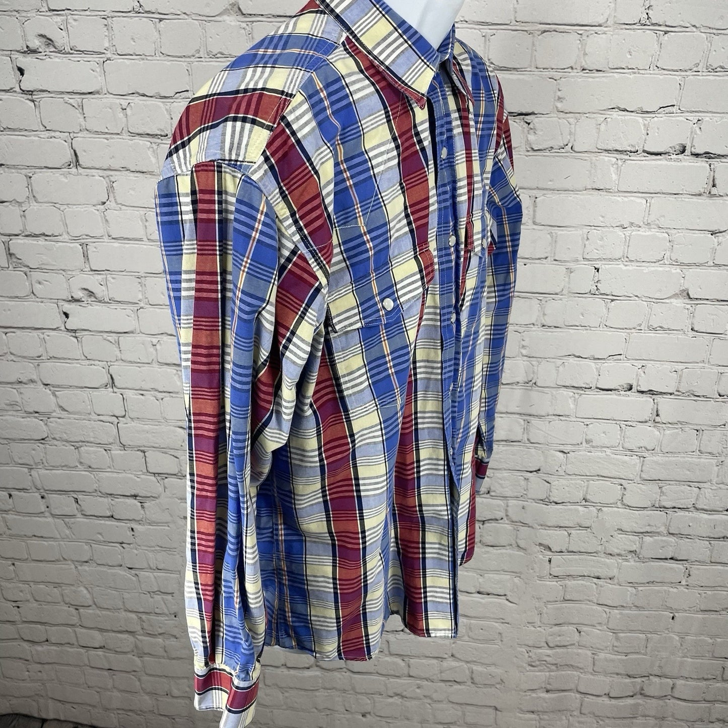 Rafter C Ranchwear Upcycled Blue Plaid Pearl Snap Long Sleeve Shirt Size Large L