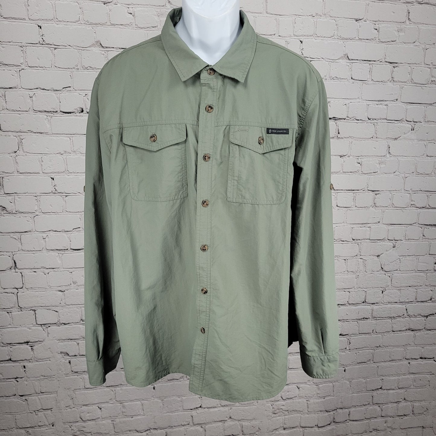 Free Country Green Nylon Lightweight Button Up Long Sleeve Shirt Size XXL