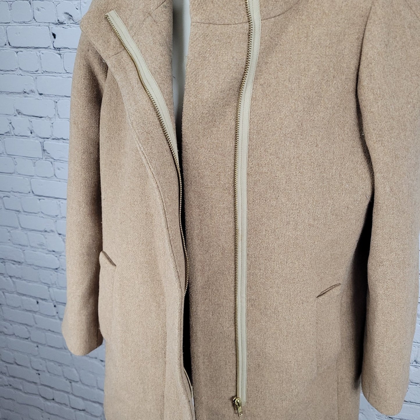 J.CREW Mercantile Tan Wool Blend High Neck Zipped Lined Pockets Overcoat Size 4