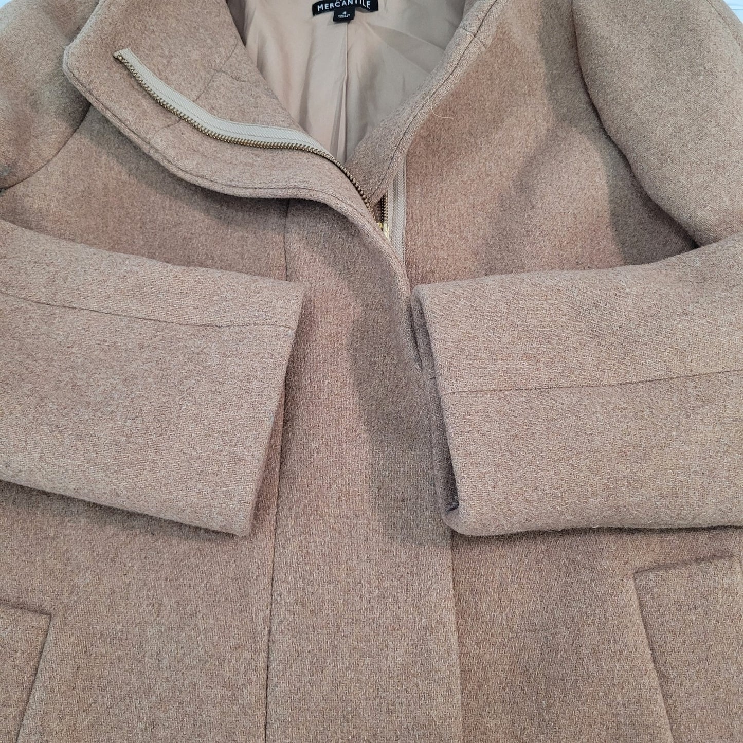 J.CREW Mercantile Tan Wool Blend High Neck Zipped Lined Pockets Overcoat Size 4