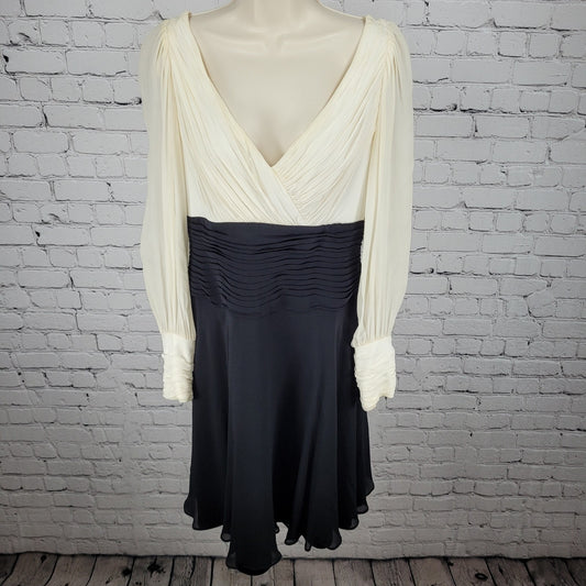 VTG Tadashi Ivory & Black Silk Chiffon Ruched Long Sleeve Blouson Dress Size 10