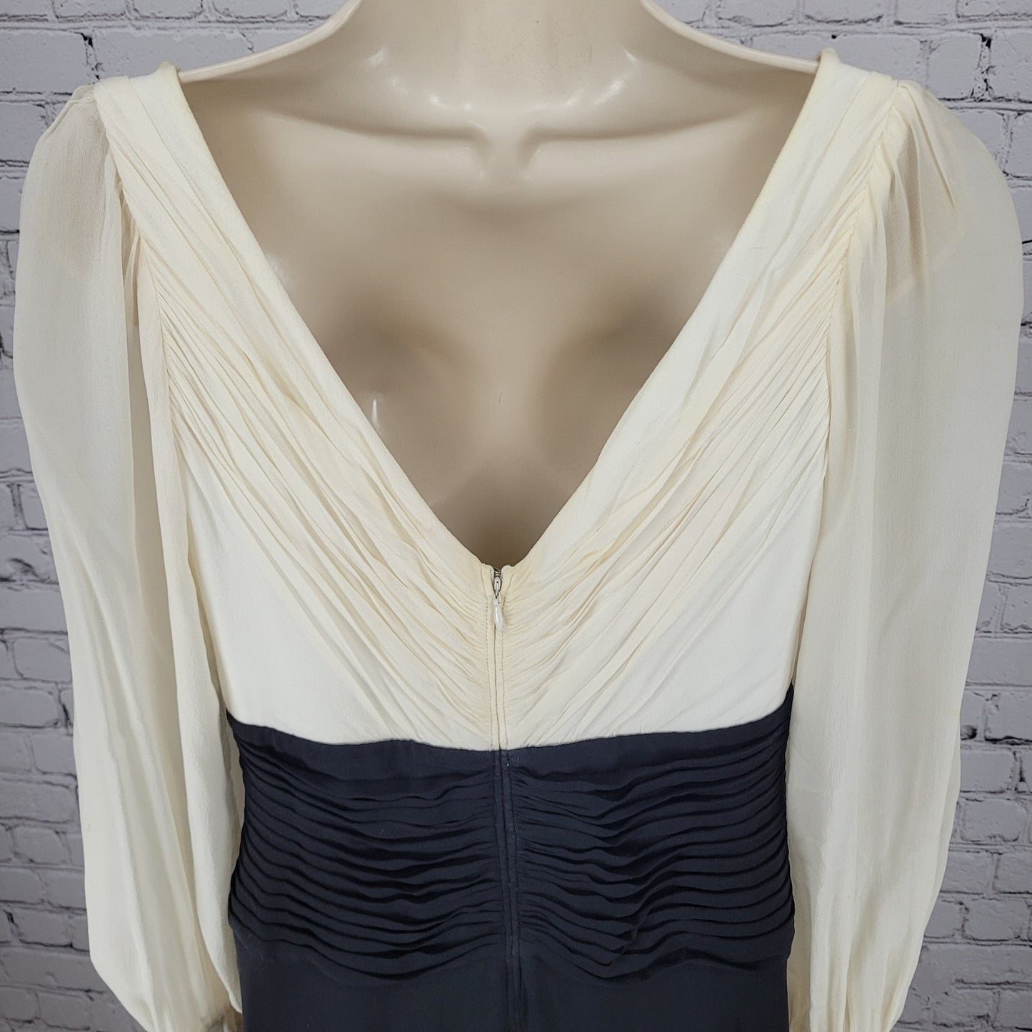 VTG Tadashi Ivory & Black Silk Chiffon Ruched Long Sleeve Blouson Dress Size 10