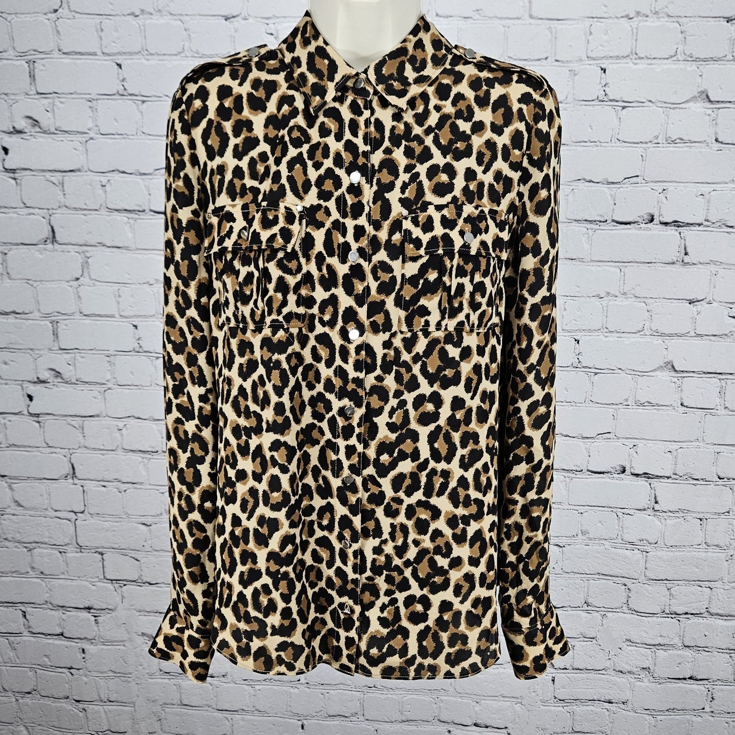 White House Black Market Brown Leopard 100% Silk Button Up Blouse Shirt Top 6