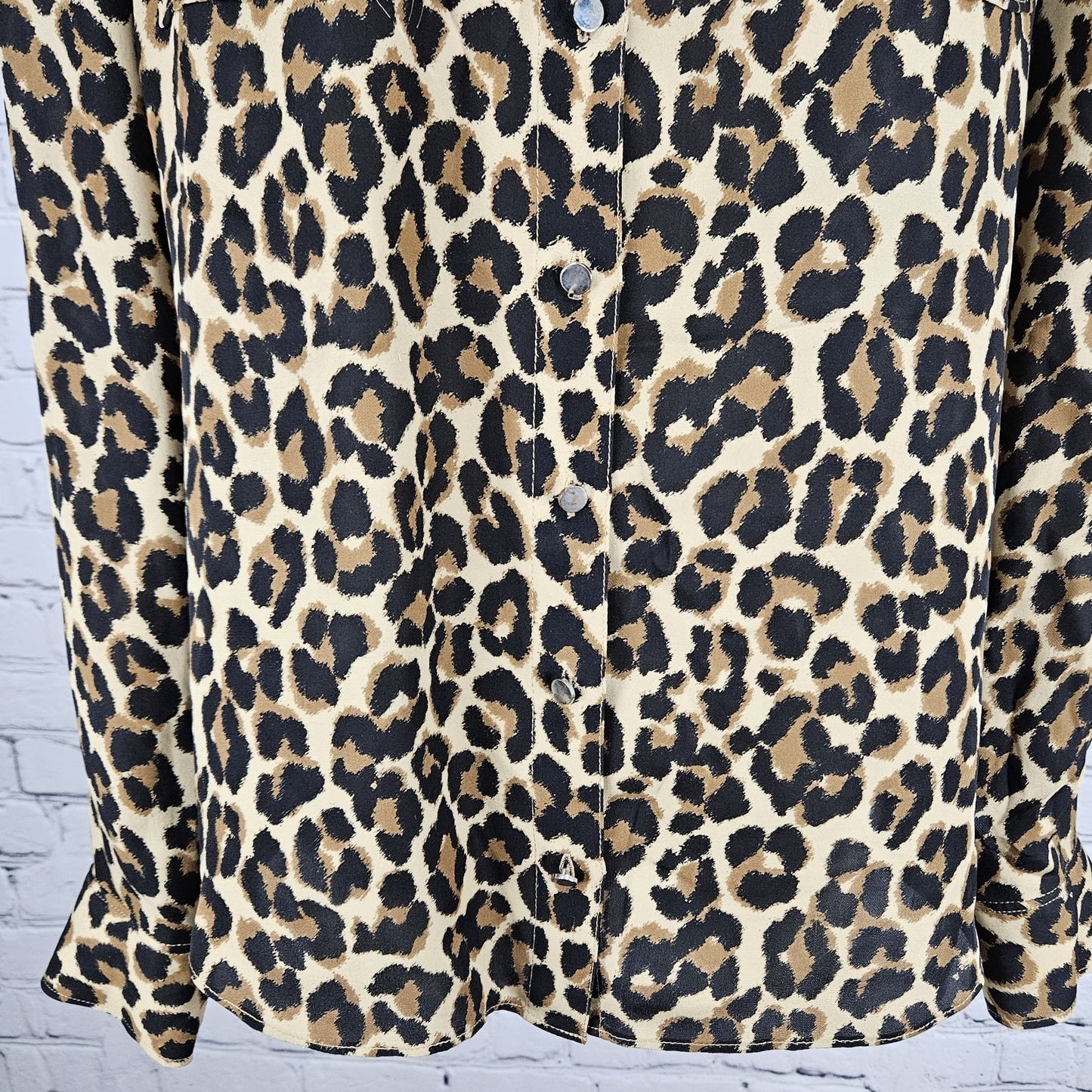 White House Black Market Brown Leopard 100% Silk Button Up Blouse Shirt Top 6