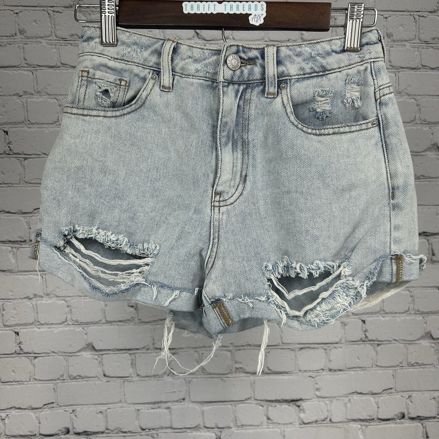 Pacsun Mom Short Light Wash Blue 100% Cotton Distressed Mid Rise Shorts Size 25
