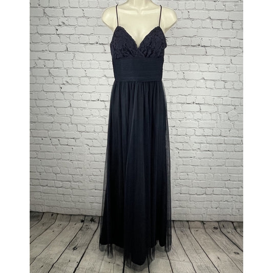 Amsale Blue Lace Empire Waist Sheer Overlay Flare Maxi Dress Gown Zipped Size 2