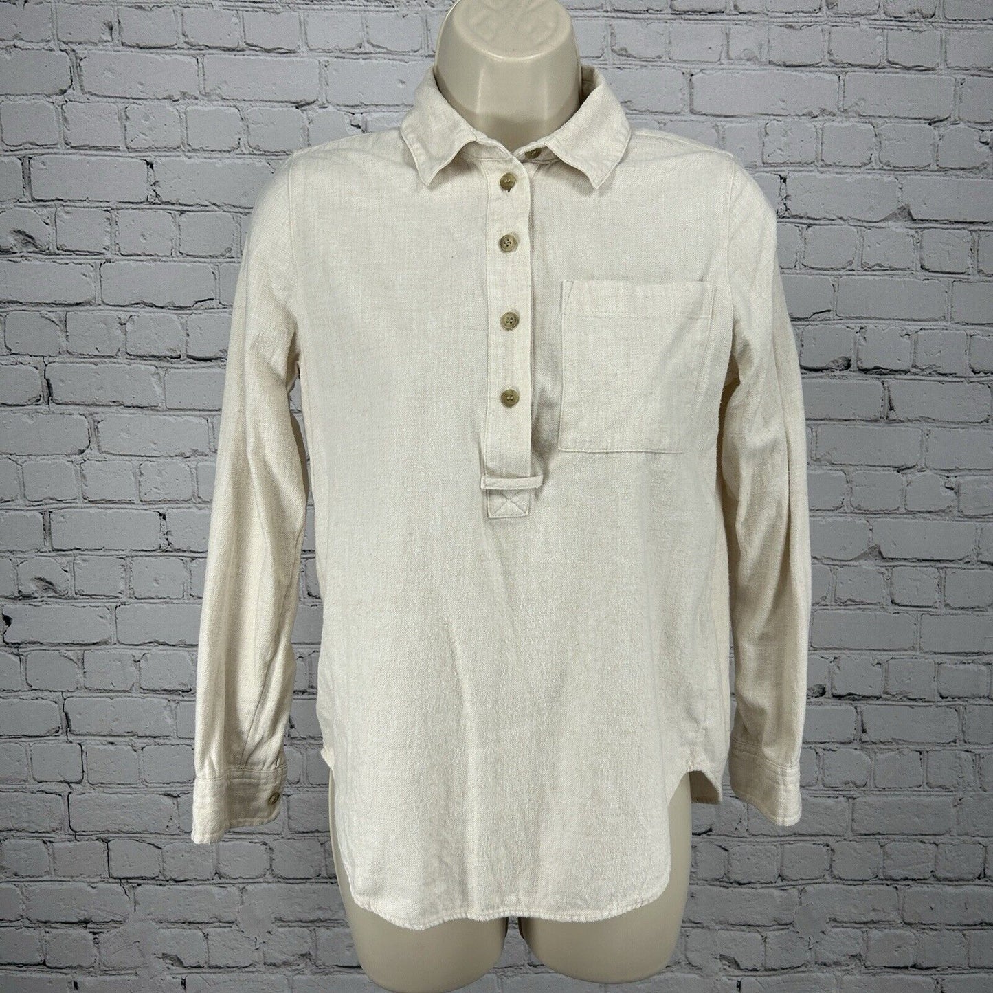 Madewell Ivory 100% Cotton Half Button Long Sleeve Collared Blouse Size XXS