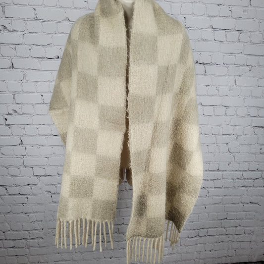 Madewell Beige Check Fringe Soft Rectangle Scarf Neckwarmer Shawl Wrap 77x18