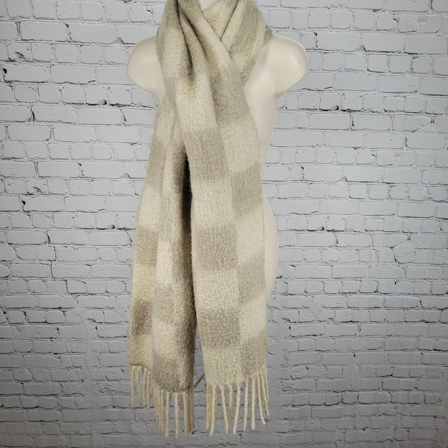 Madewell Beige Check Fringe Soft Rectangle Scarf Neckwarmer Shawl Wrap 77x18