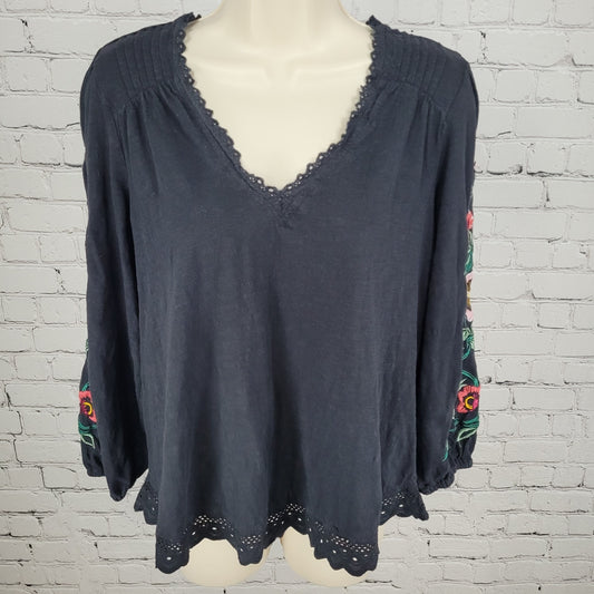 By Anthropologie Black Cotton Floral Embroidered 3/4 Sleeve Boho Top Small S