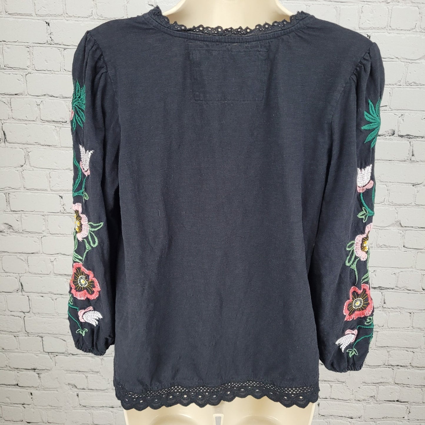 By Anthropologie Black Cotton Floral Embroidered 3/4 Sleeve Boho Top Small S