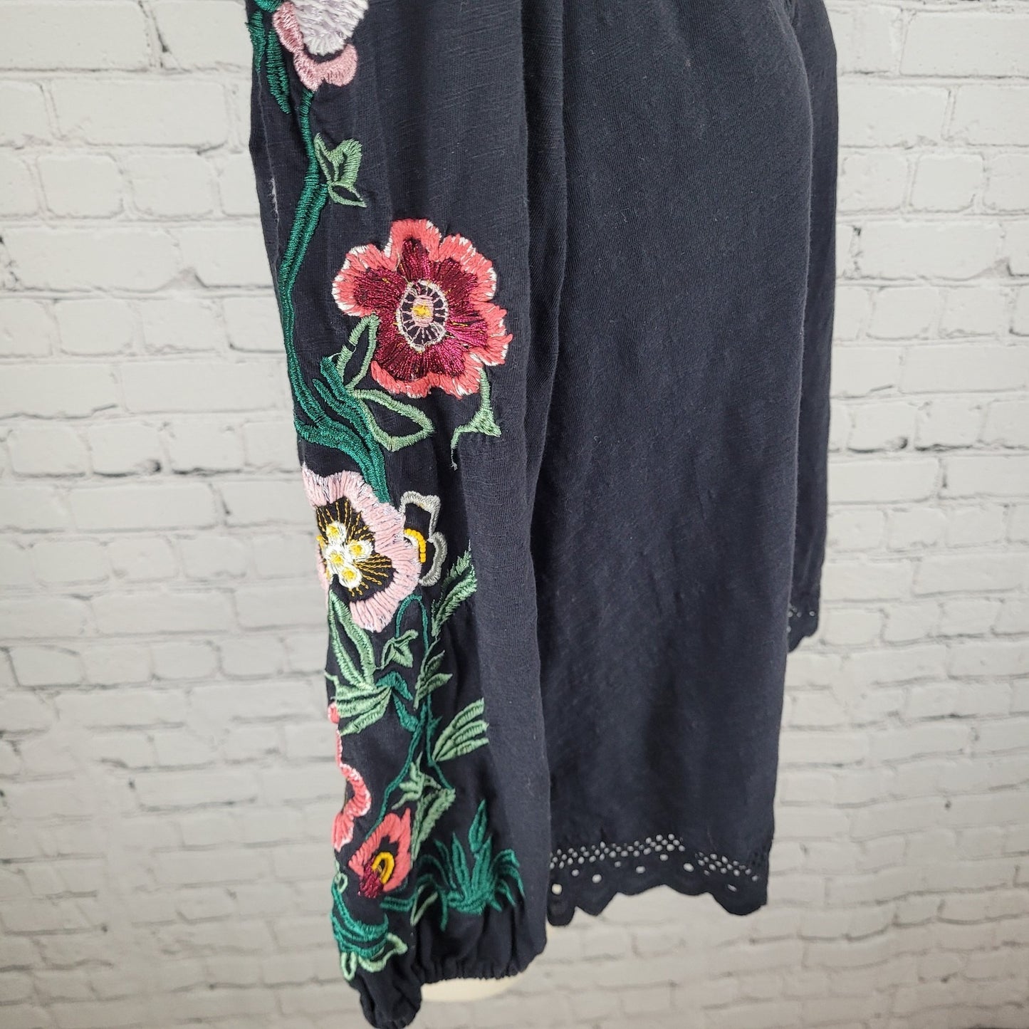 By Anthropologie Black Cotton Floral Embroidered 3/4 Sleeve Boho Top Small S