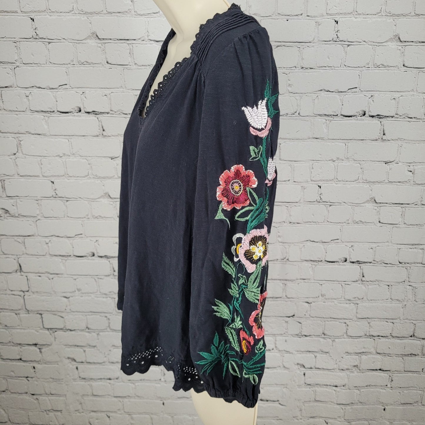 By Anthropologie Black Cotton Floral Embroidered 3/4 Sleeve Boho Top Small S