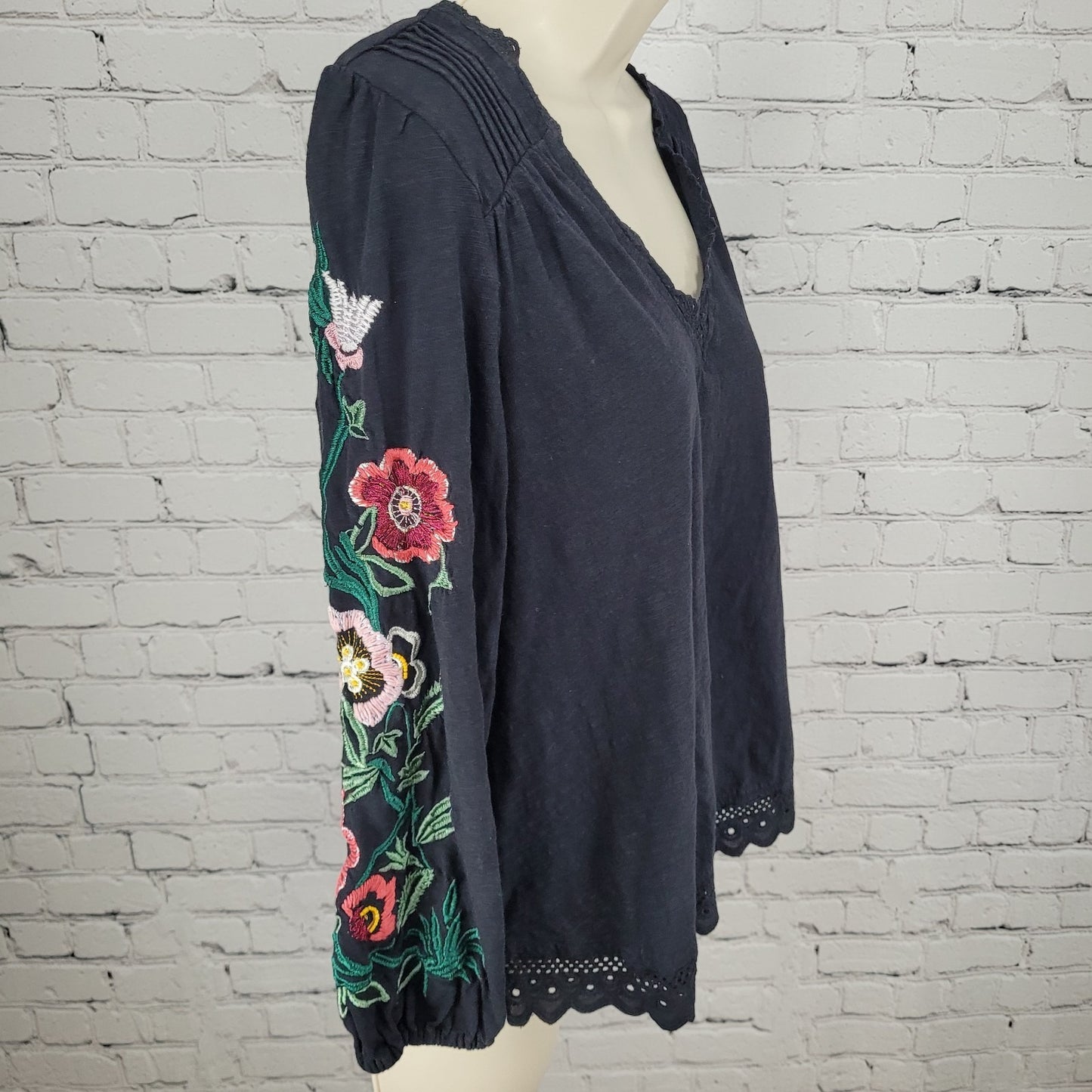 By Anthropologie Black Cotton Floral Embroidered 3/4 Sleeve Boho Top Small S