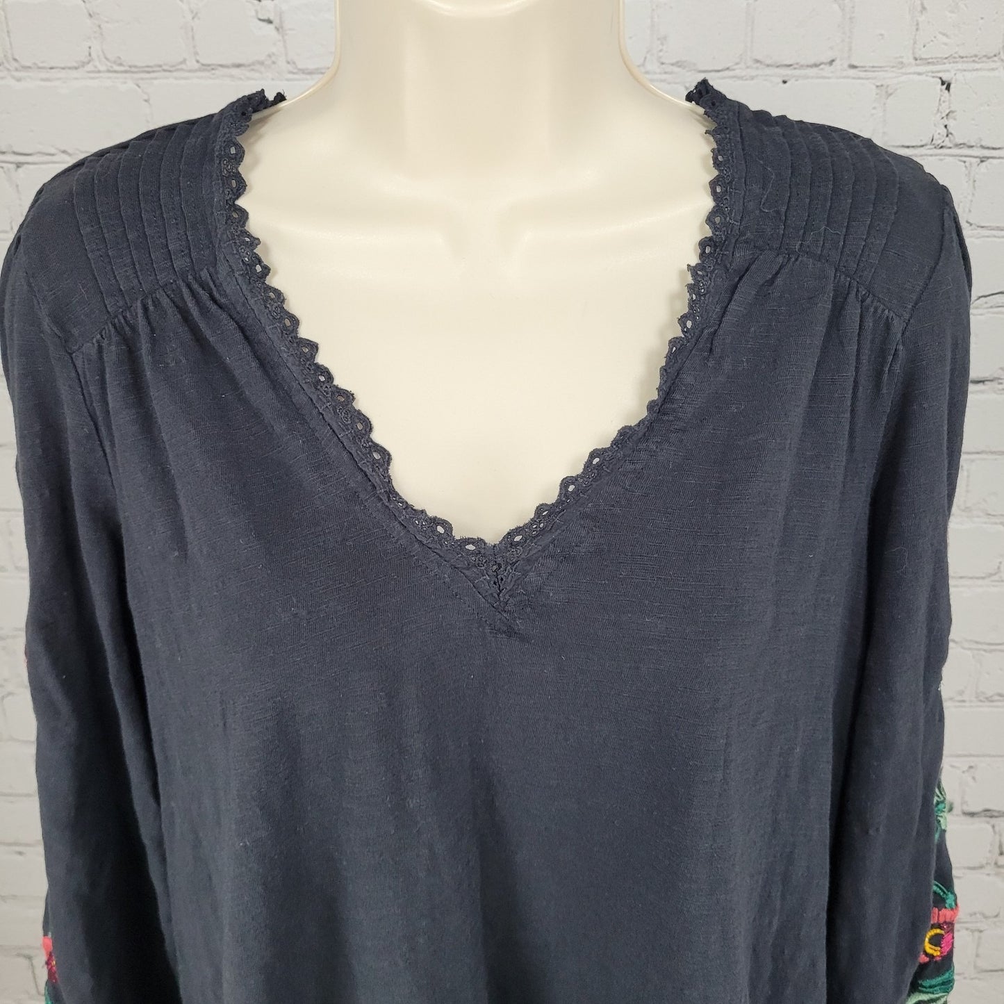 By Anthropologie Black Cotton Floral Embroidered 3/4 Sleeve Boho Top Small S