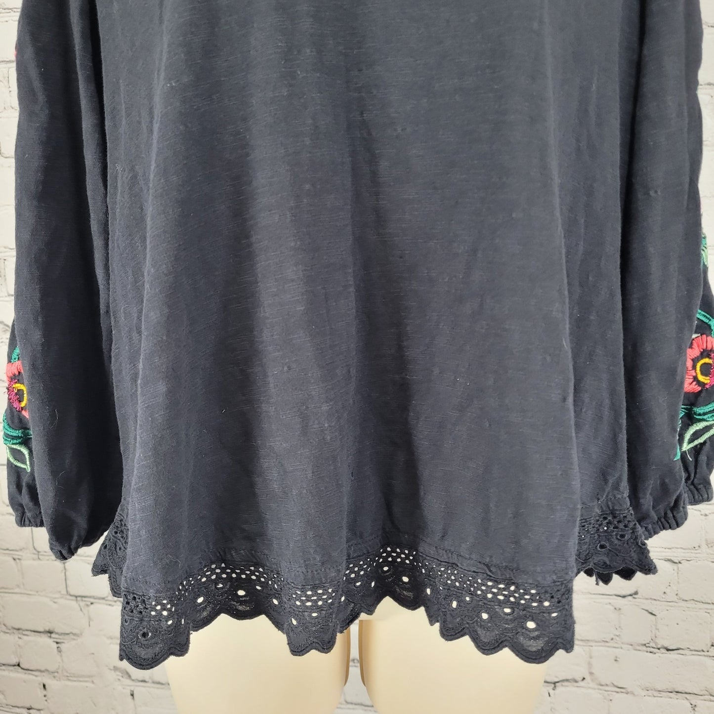 By Anthropologie Black Cotton Floral Embroidered 3/4 Sleeve Boho Top Small S
