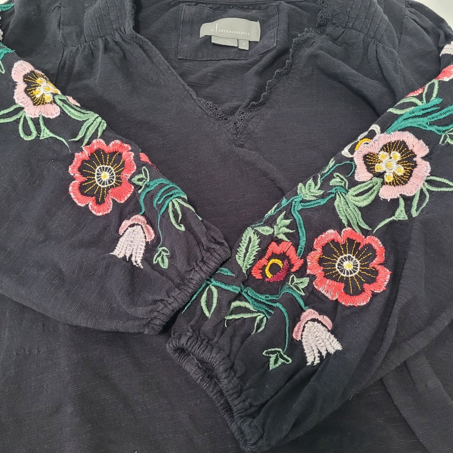 By Anthropologie Black Cotton Floral Embroidered 3/4 Sleeve Boho Top Small S