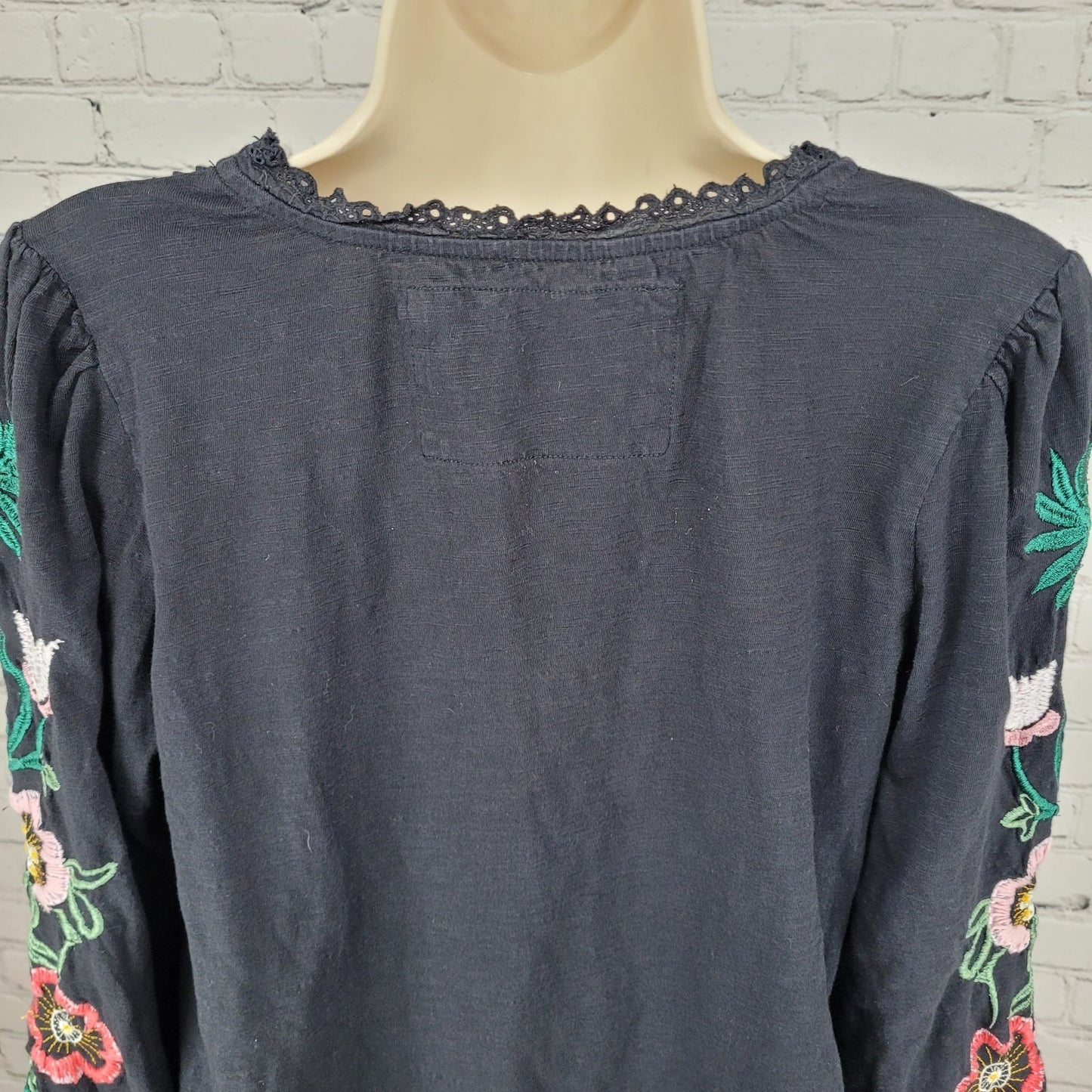 By Anthropologie Black Cotton Floral Embroidered 3/4 Sleeve Boho Top Small S