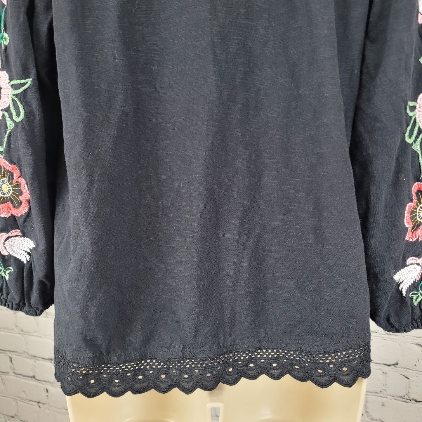 By Anthropologie Black Cotton Floral Embroidered 3/4 Sleeve Boho Top Small S