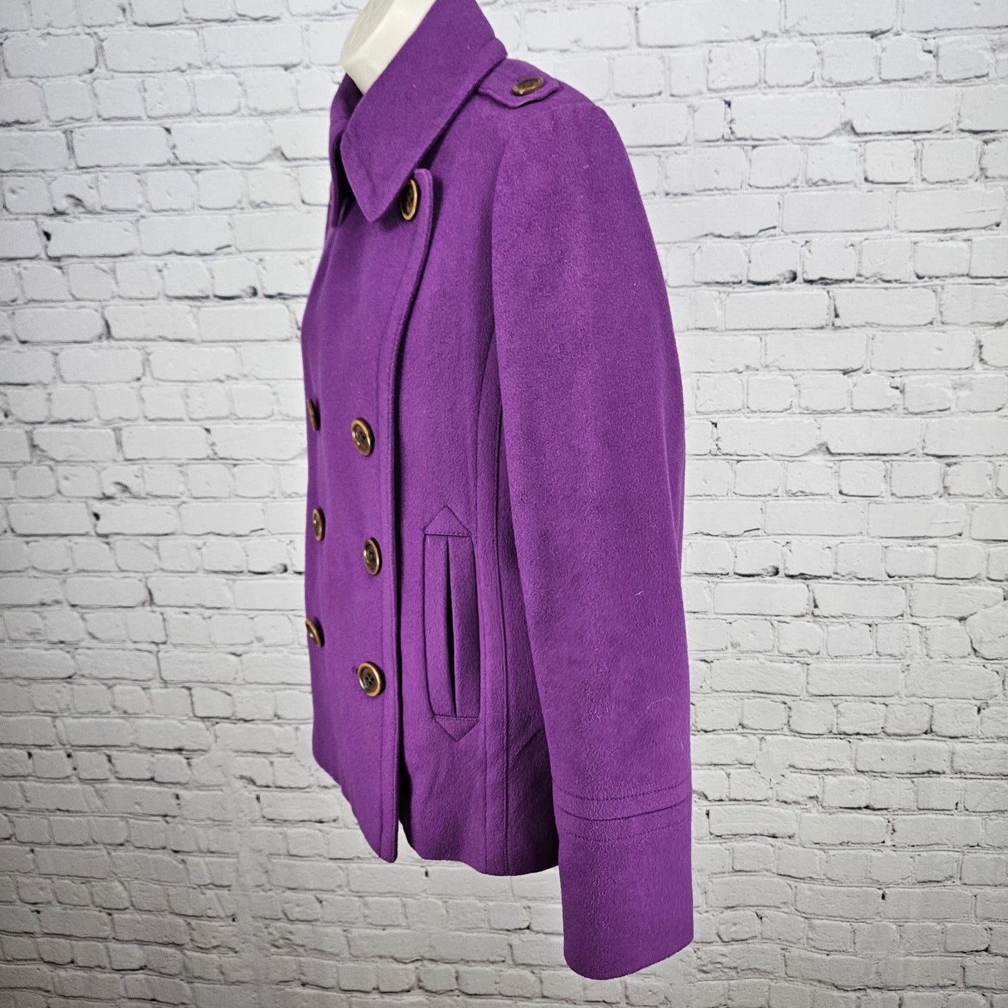 J.Crew Purple 100% Wool Insulated Brown Buttoned Collared Pea Coat Medium M