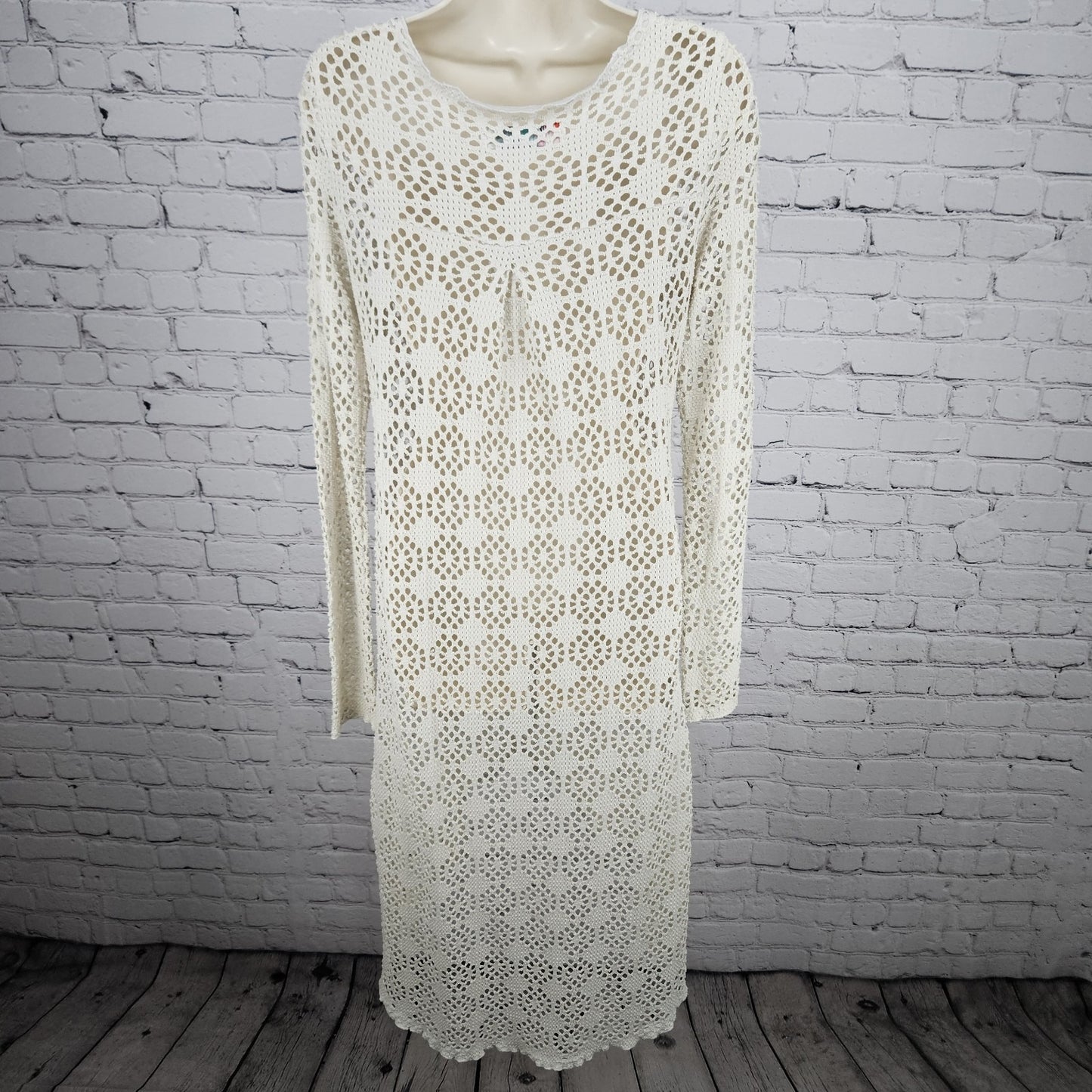FP Beach Free People Beige Crochet Knit Long Sleeve Cover Up Cardigan Medium M