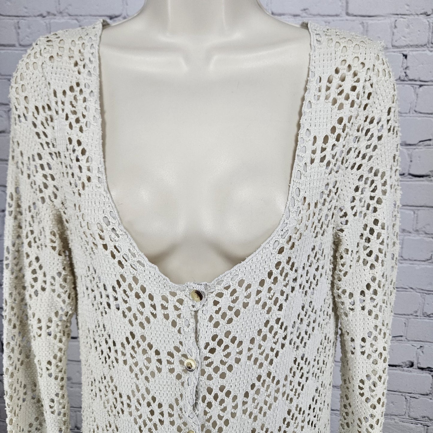 FP Beach Free People Beige Crochet Knit Long Sleeve Cover Up Cardigan Medium M