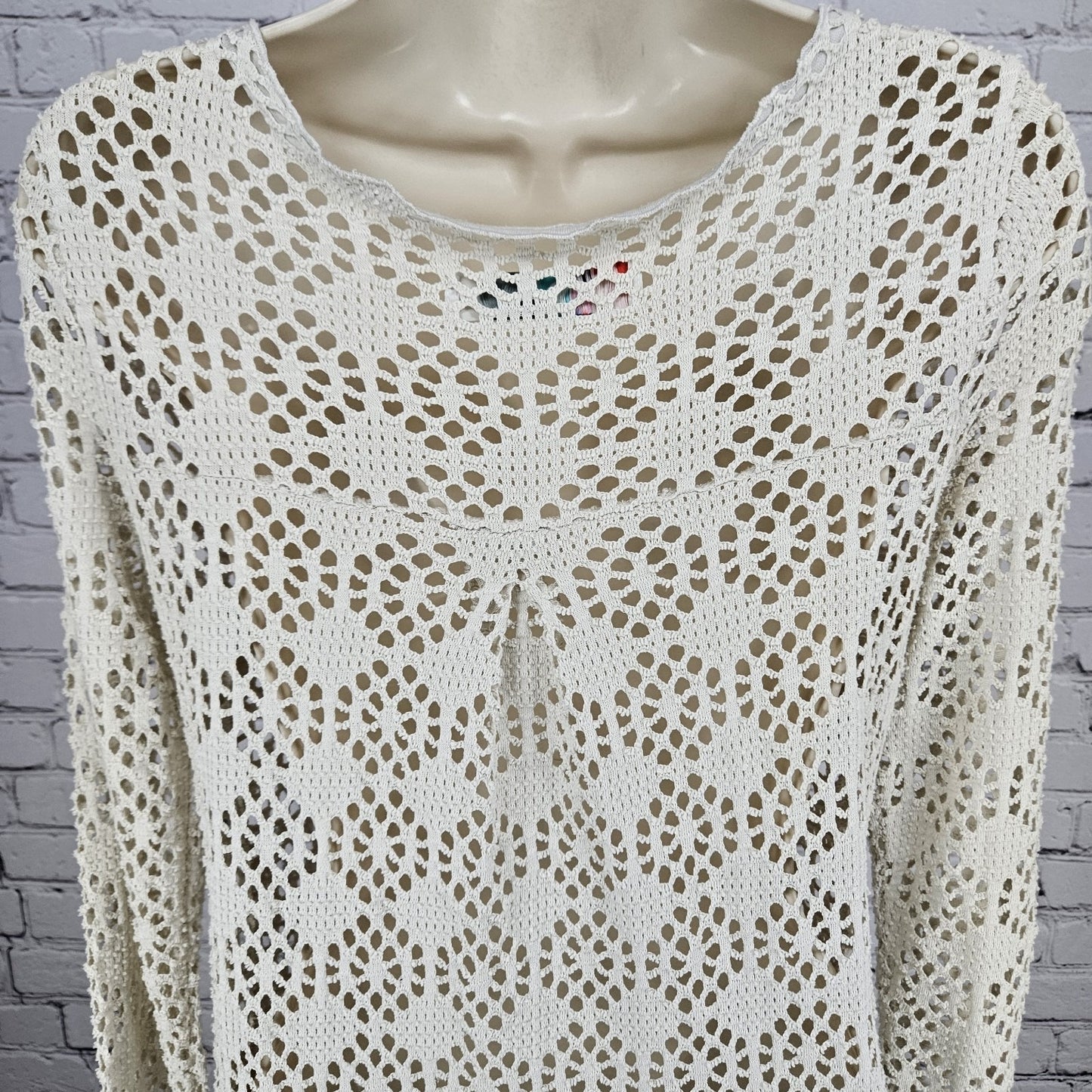 FP Beach Free People Beige Crochet Knit Long Sleeve Cover Up Cardigan Medium M