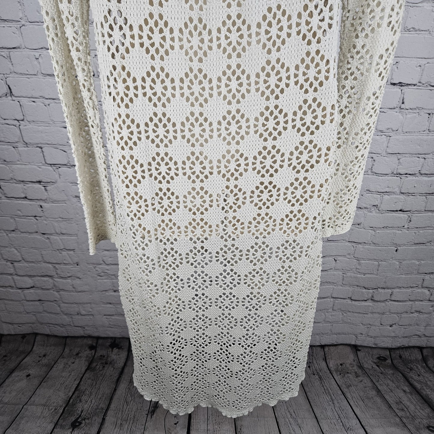 FP Beach Free People Beige Crochet Knit Long Sleeve Cover Up Cardigan Medium M