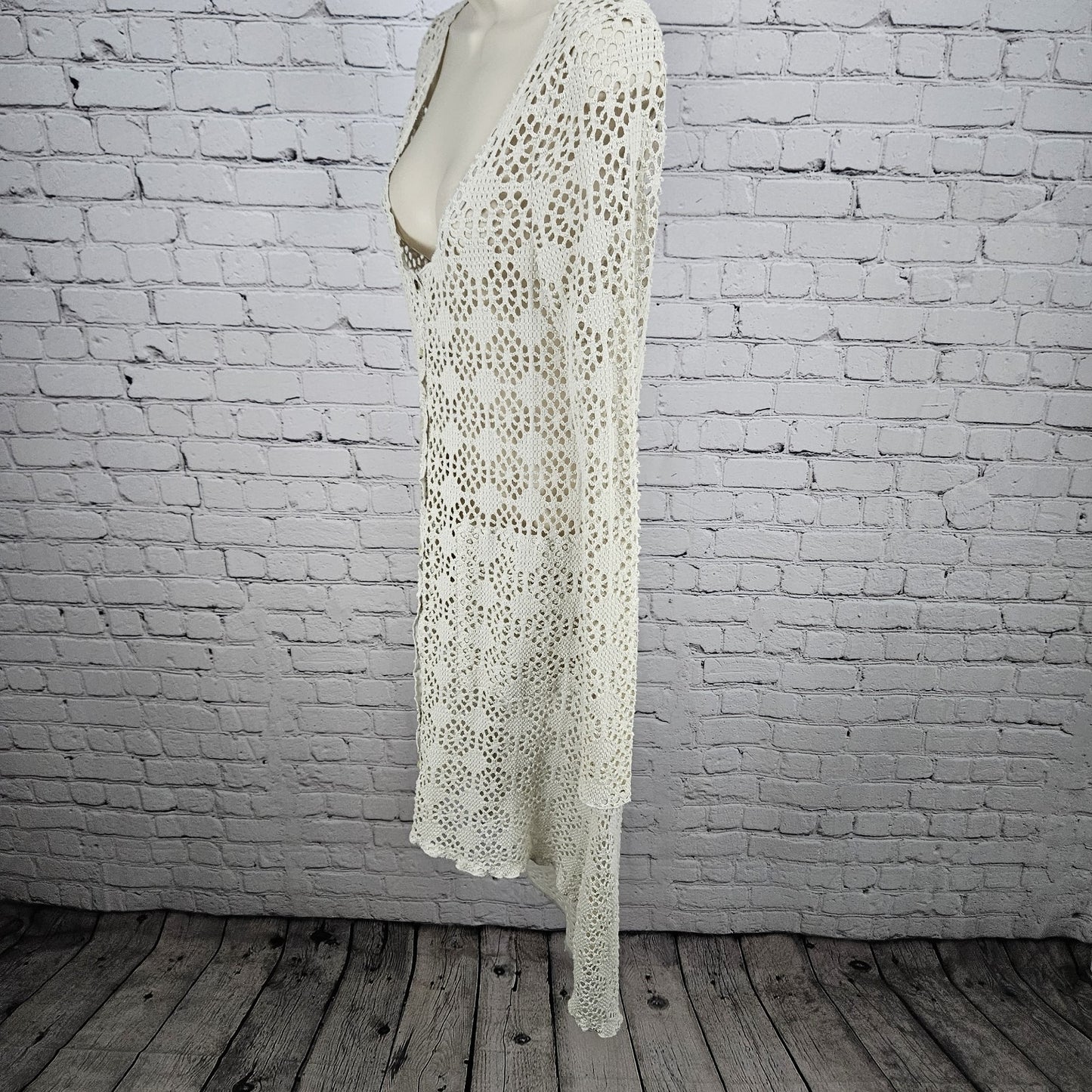FP Beach Free People Beige Crochet Knit Long Sleeve Cover Up Cardigan Medium M