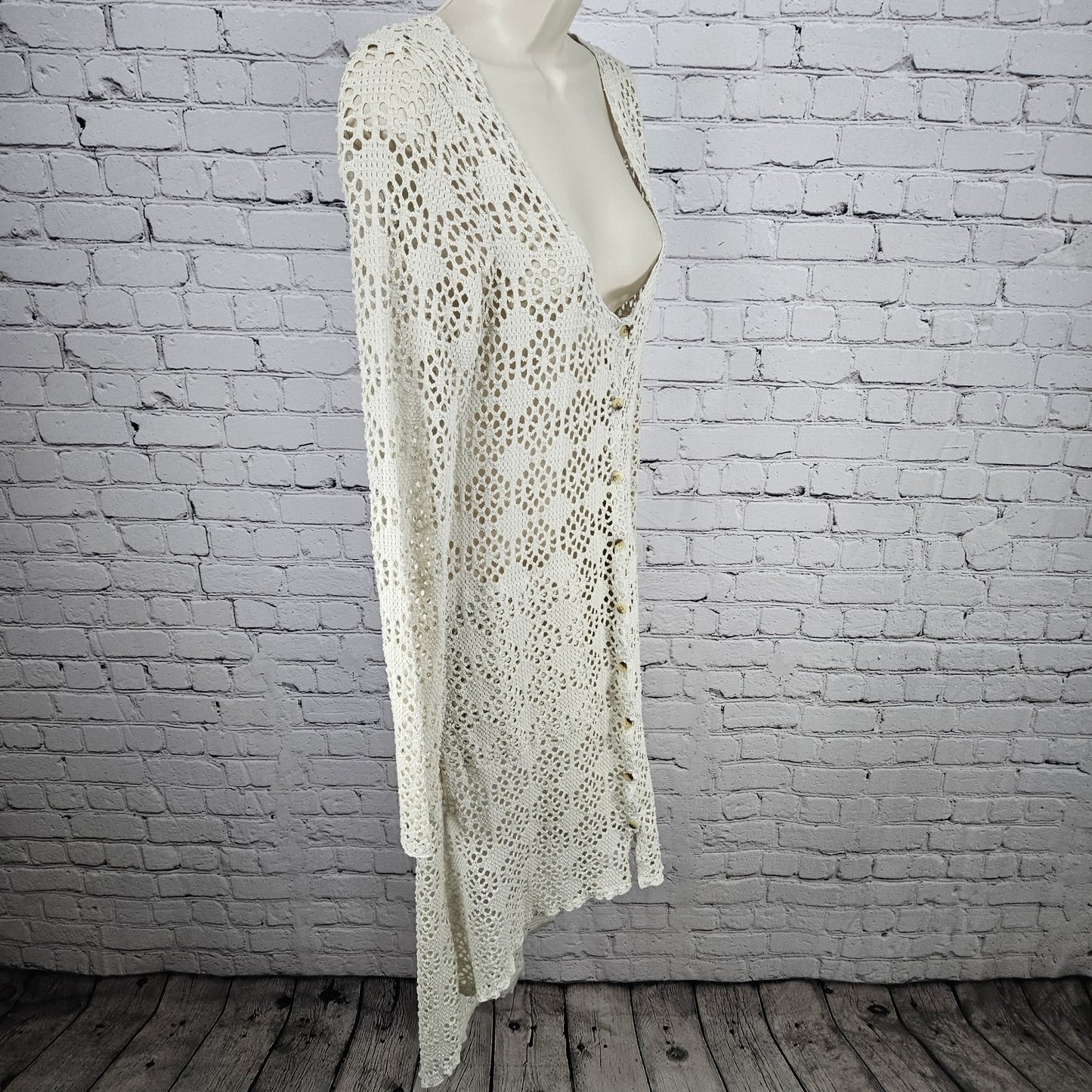 FP Beach Free People Beige Crochet Knit Long Sleeve Cover Up Cardigan Medium M