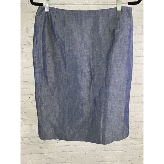 Linda Allard Ellen Tracy Blue Shiny Back Zip ￼Linen Blend Pencil Skirt Size 12